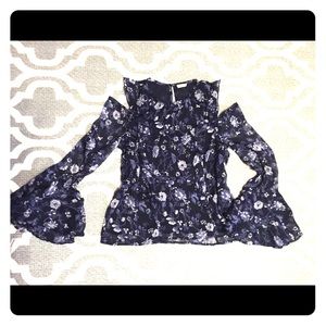Navy blue floral open shoulder top ruffle sleeves